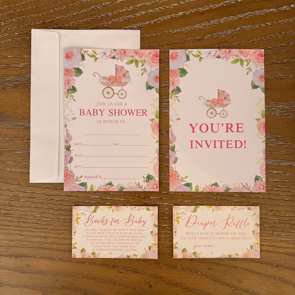 Floral Pink Baby Shower Invitation Set of 25 - Elegant Baby Carriage Design